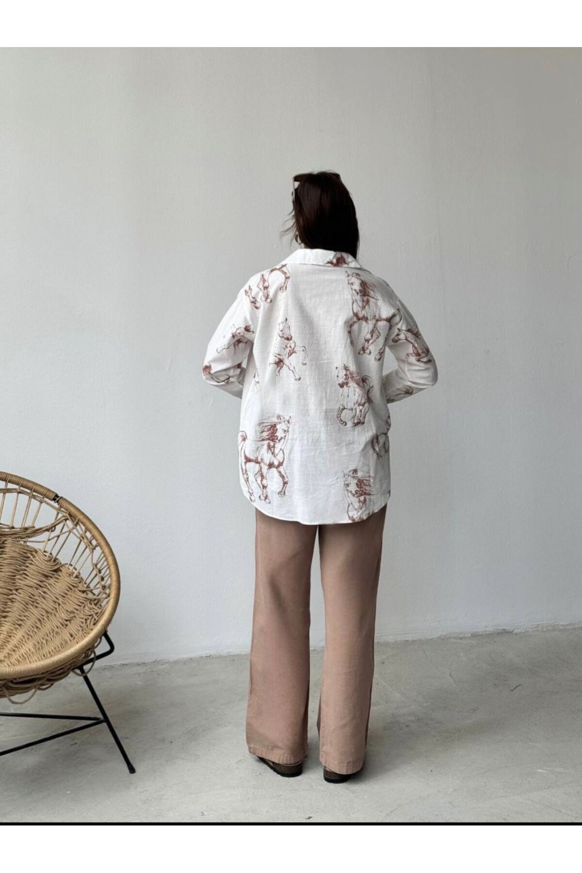 Kadın At Baskılı Oversize Gömlek