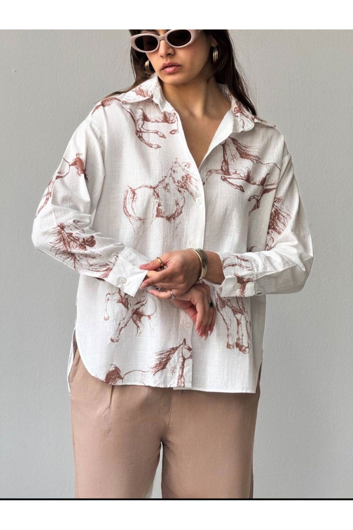 Kadın At Baskılı Oversize Gömlek