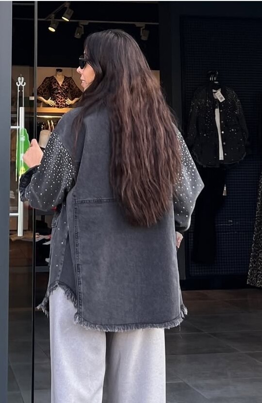 Kadın gri taşlı kot ceket