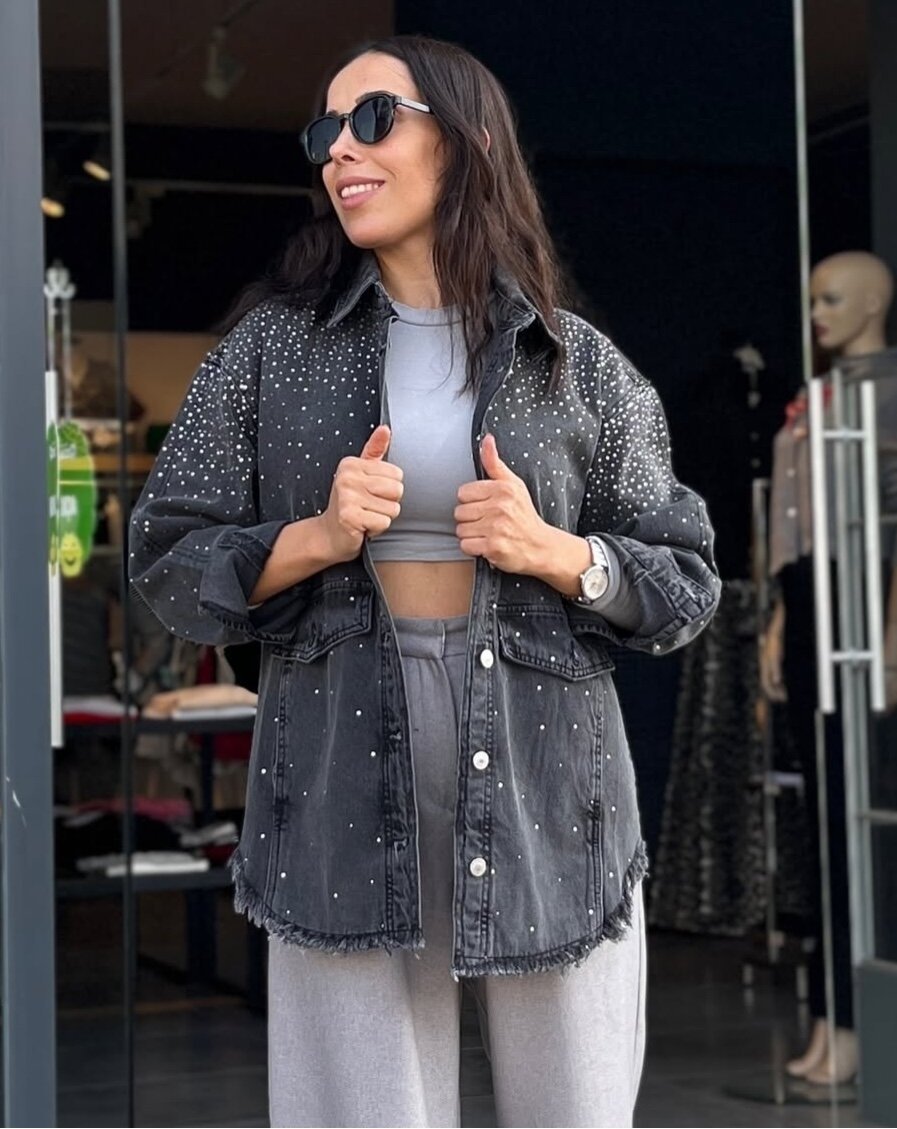 Kadın gri taşlı kot ceket