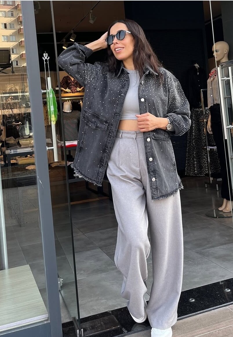 Kadın gri taşlı kot ceket