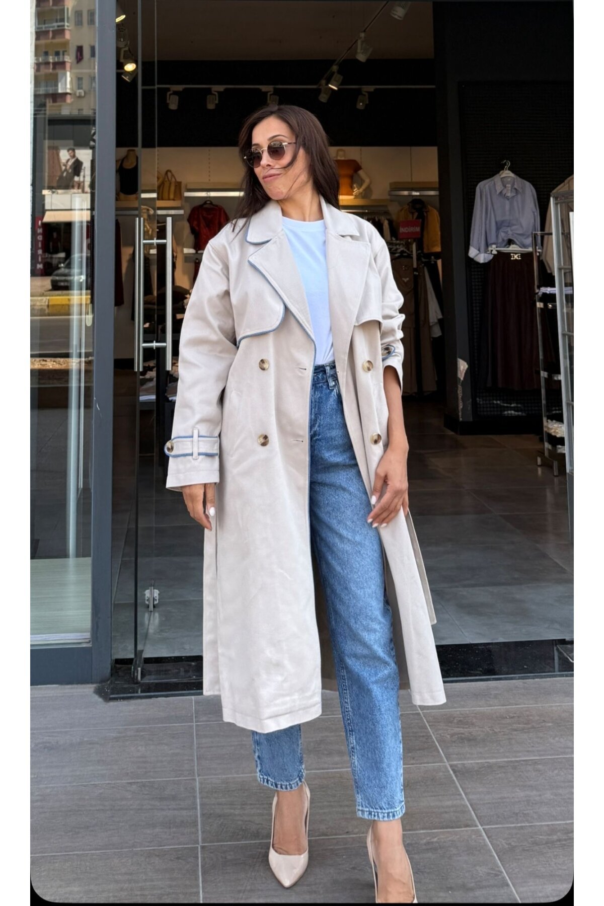 Kadın Midi Boy Yaka Kot Şeritli Bej Trench Mont