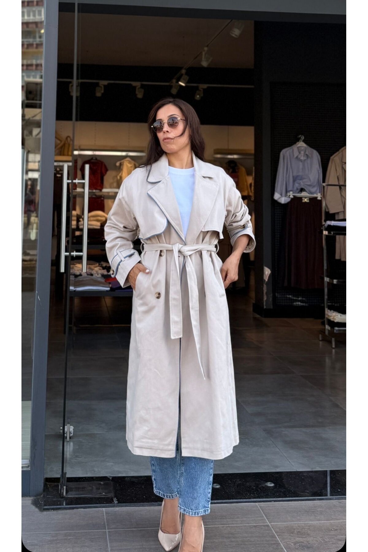 Kadın Midi Boy Yaka Kot Şeritli Bej Trench Mont