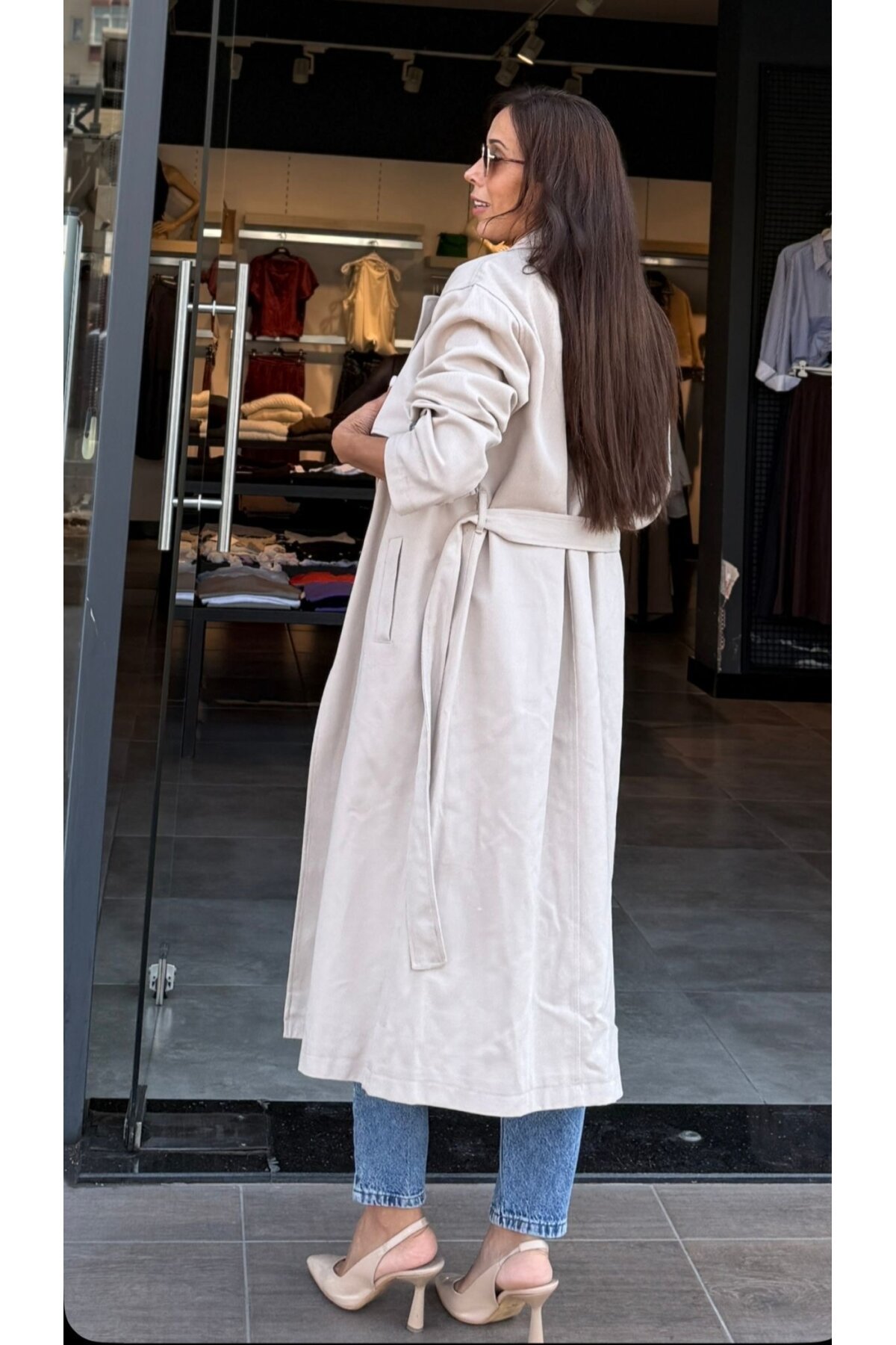 Kadın Midi Boy Yaka Kot Şeritli Bej Trench Mont