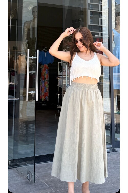 Kadın Beli Lastikli Yan Cepli Keten Midi Etek