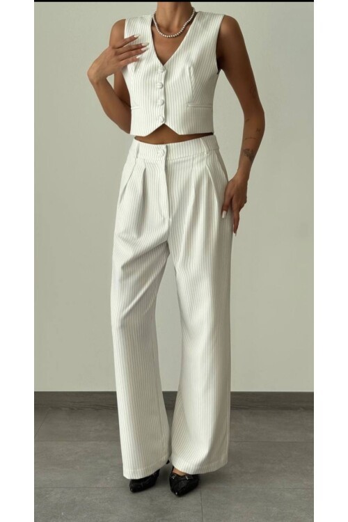 Kadın Çizgili Kumaş Pantolon Yelek Takım