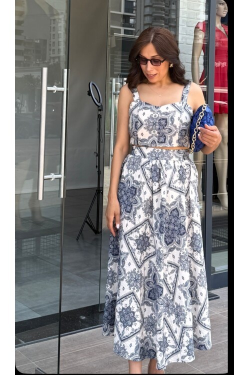 Kadın Desenli Etek Üst Crop Takım