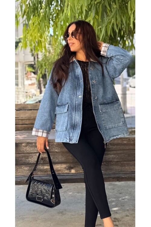 Kadın Ekose Kol katlamalı İç Astarlı Yaka Kadife Kot Ceket