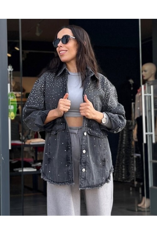 Kadın gri taşlı kot ceket