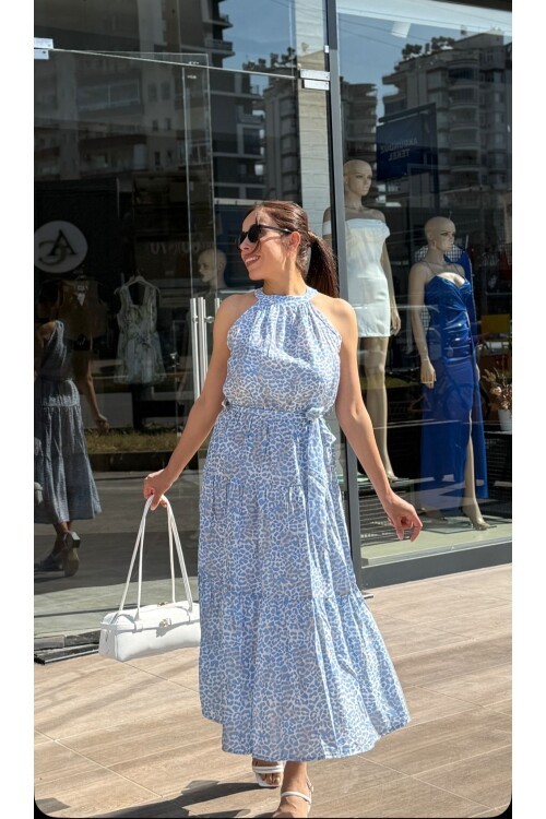 Kadın Halter Yaka Desenli Midi Boy Elbise