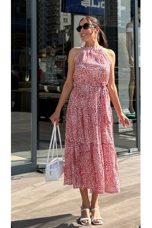 Kadın Halter Yaka Desenli Midi Boy Elbise