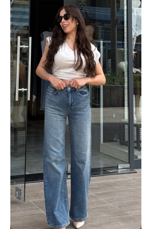 Kadın Jean Taşlı Palazzo Pantolon