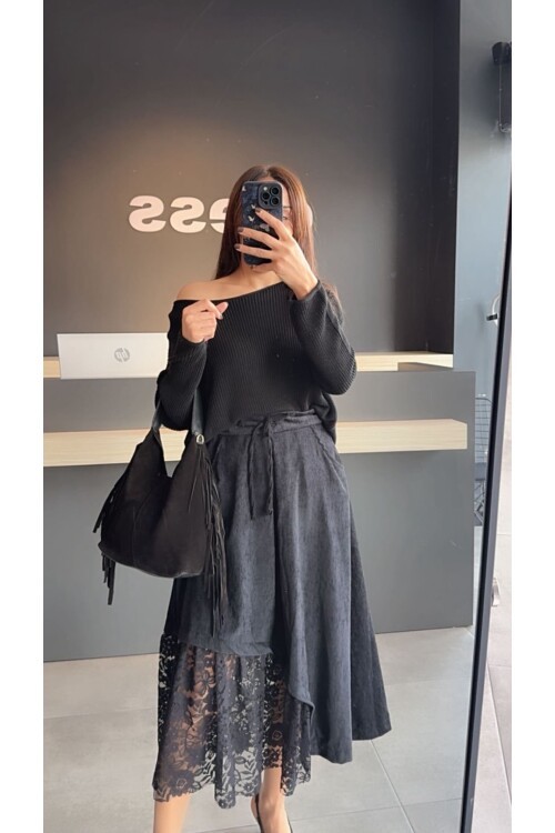 Kadın Kadife Dantel Detaylı Midi Etek