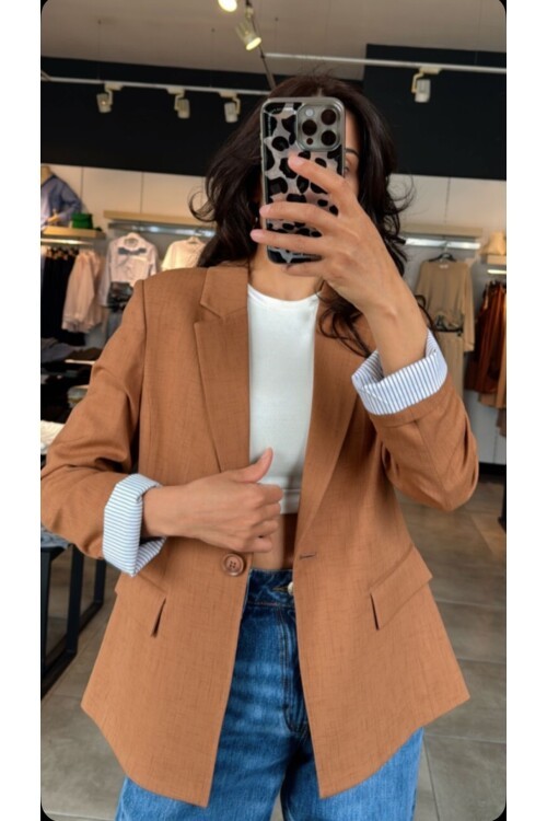 Kadın Keten Görünümlü Blazer Ceket