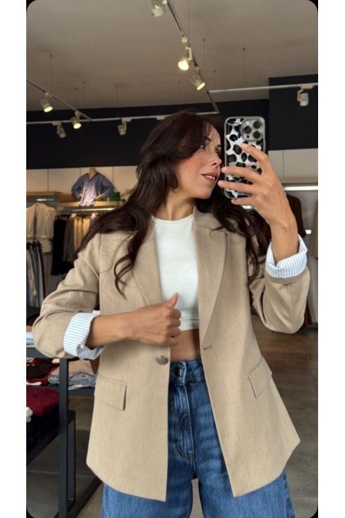 Kadın Keten Görünümlü Blazer Ceket