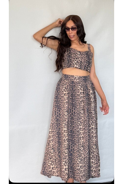 Kadın Leopar Etek Üst Crop Takım