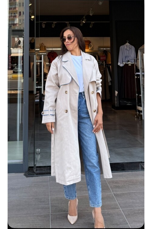 Kadın Midi Boy Yaka Kot Şeritli Bej Trench Mont