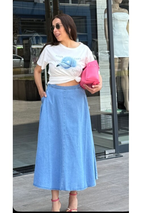 Kadın Midi Boy Yan Cepli Kot Etek