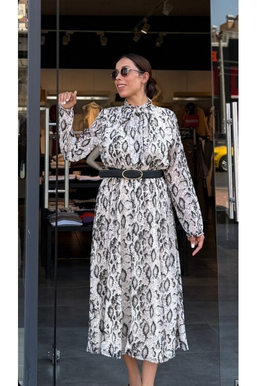 Kadın Midi Boy Yılan Desenli Beli Kemerli Boyundan Bağlamalı Elbise