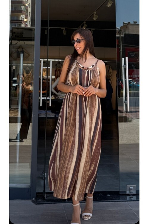 Kadın Örgü Askılı Ön Taş Detaylı Keten Çizgili Elbise