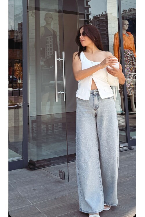 Kadın Orijinal Lickralı Taşlı Jean Pantolon