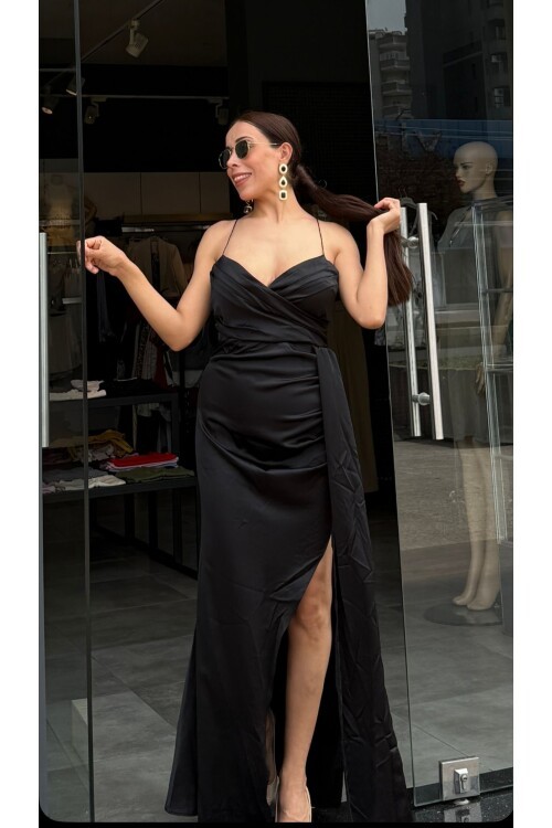 Kadın Saten Sırt Dekolteli Uzun Elbise