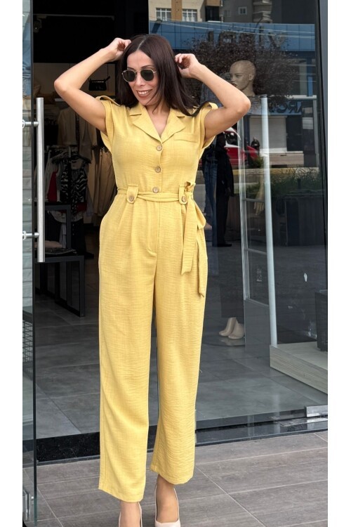 Kadın Yarım Kollu Keten Görnümlü Tulum