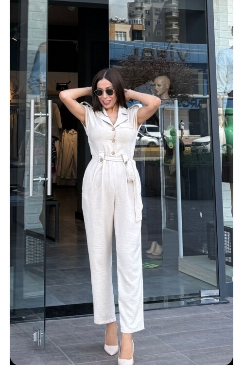 Kadın Yarım Kollu Keten Görnümlü Tulum